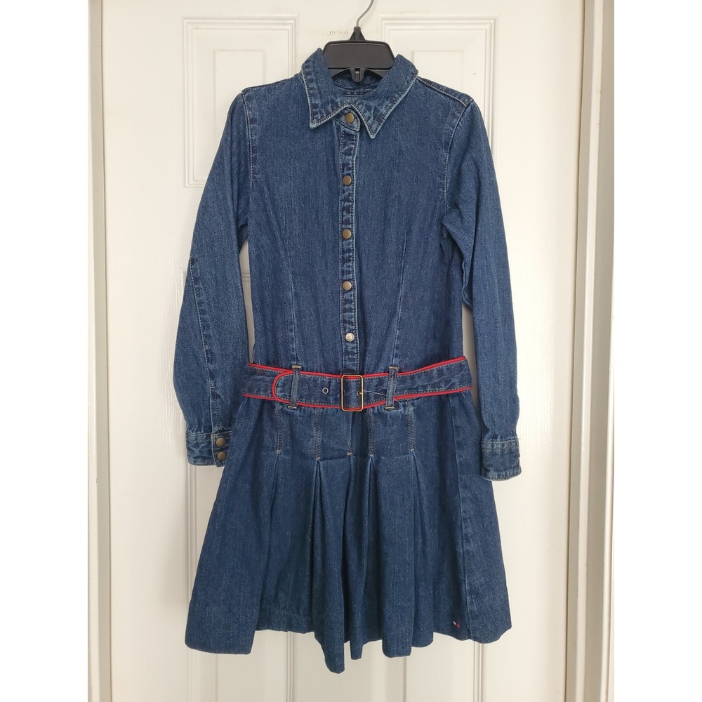 Tommy Hilfiger Denim Dress Blue Long Sleeve Pleated Belted Casual Preppy 6X
